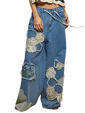 COMING SOON POL Denim Multi Cotton Patchwork Wide Leg Pant